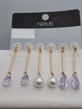 3 Pair Gold Tone Linear Drop Earring Set Crystal Pearl Lavender Gem New